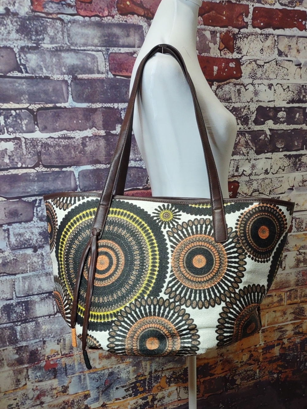 Neiman Marcus Canvas Circular Pattern Tote